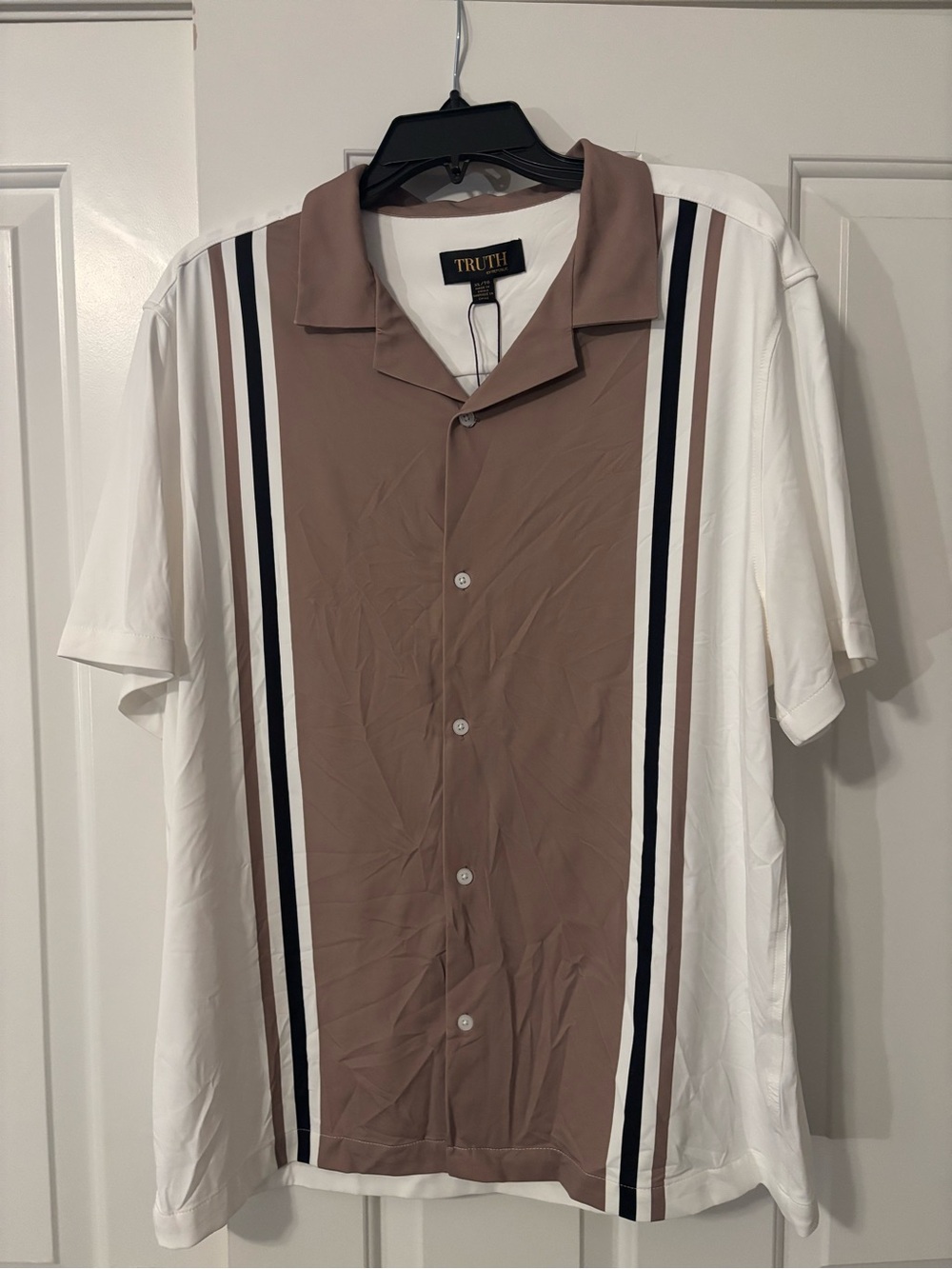TRUTH Short Sleeve Button-Up Shirt in Taupe, White & Black Stripe| OBO